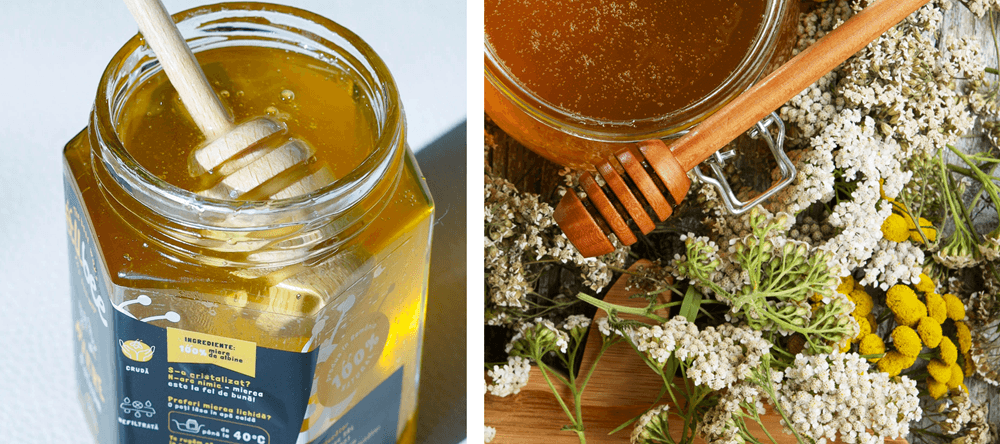 borcane de miere polifloră într-un câmp cu flori, ilustrând proveniența naturală