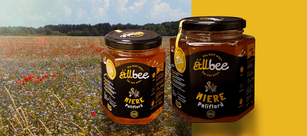 borcan de miere polifloră Allbee, aliment natural bogat în vitamine și minerale